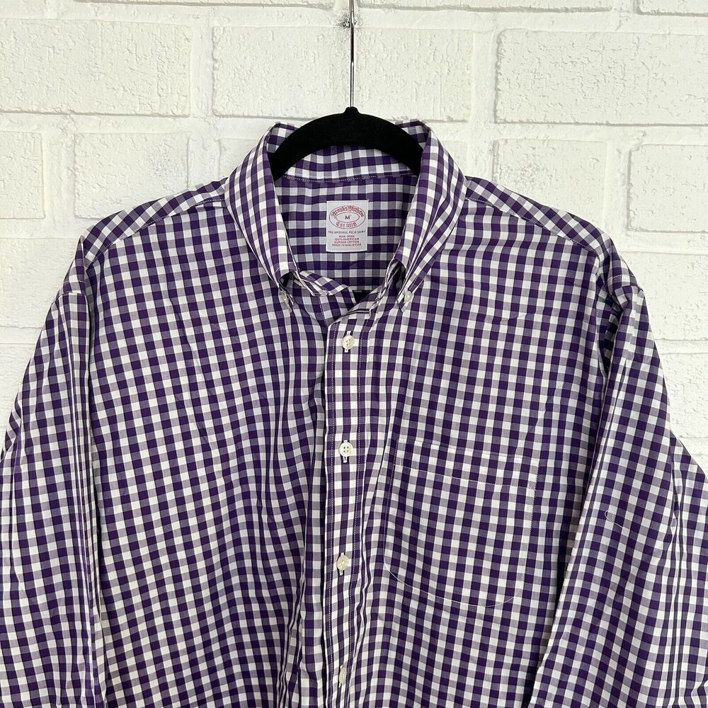 Brooks Brothers Original Polo Shirt Button Up Mens Medium Purple White Check - Picture 1 of 10